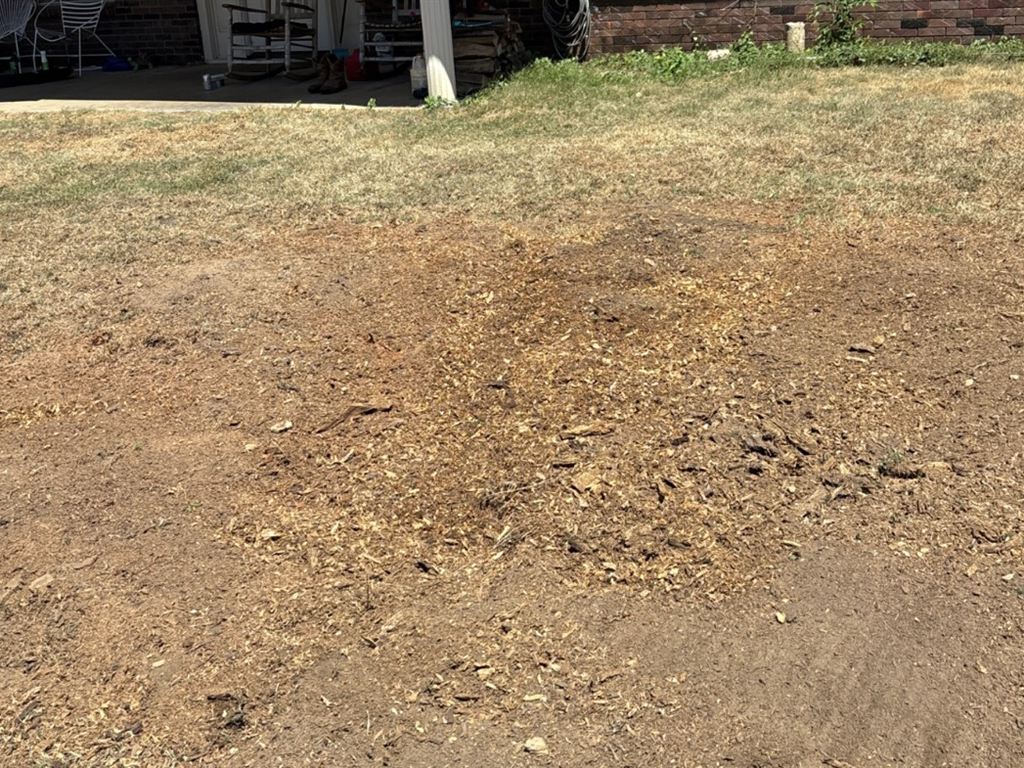 After: the same spot ground down to level soil and fresh grindings.